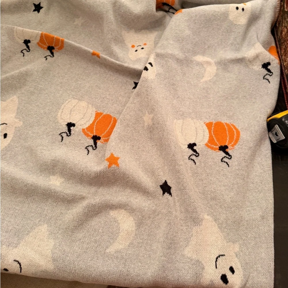 Halloween Pumpkin & Ghost Plush Throw Blanket - Gray & Orange